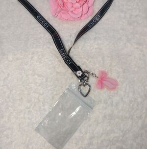Gucci Black Authentic Ribbon Upcycled Lanyard with Pink Bow Charm